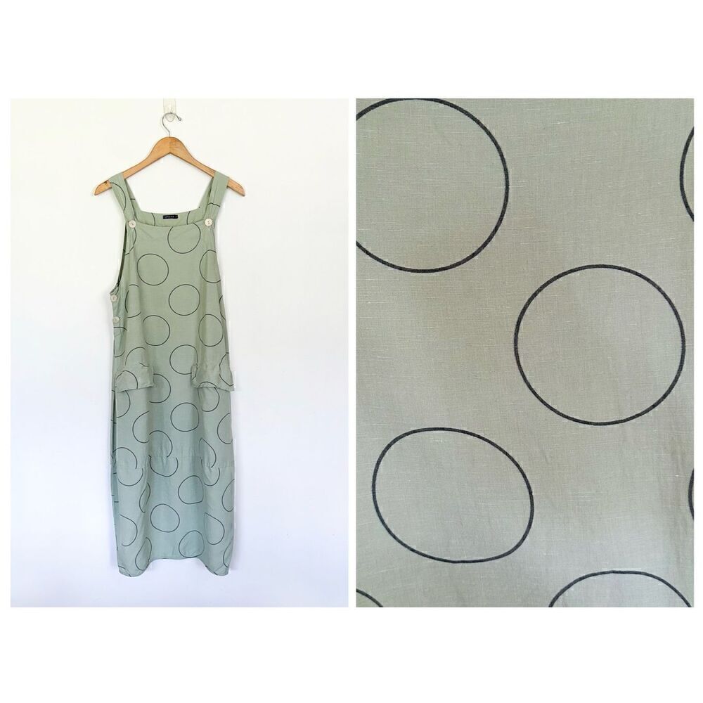 Grizas Women’s Silk Linen Blend Green Sleeveless Jumper Style Dress With All Ove